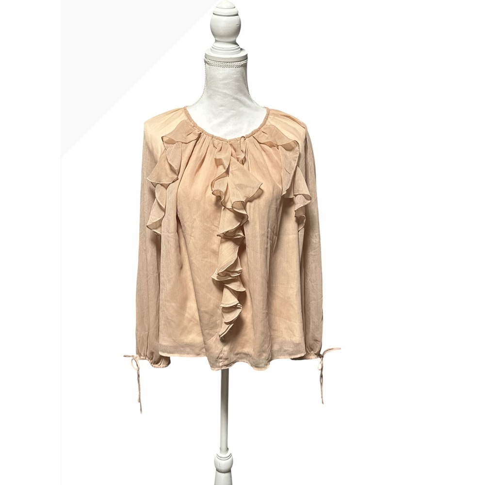 Loft Peach Ruffle Front Long Sleeve Blouse with Tie Cuffs Size M